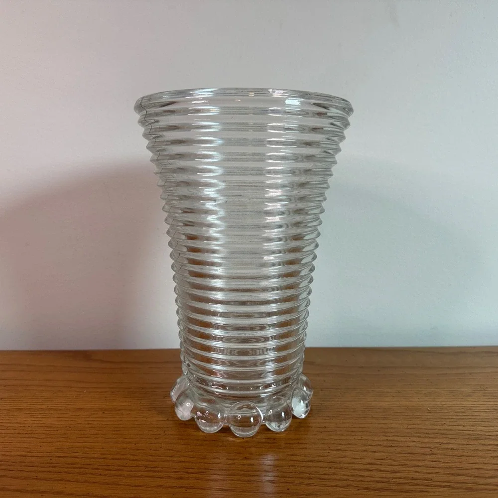 Clear Glass Vase Ribbed Design Bulbous Bottom‎ Vintage Flower Holder Decor